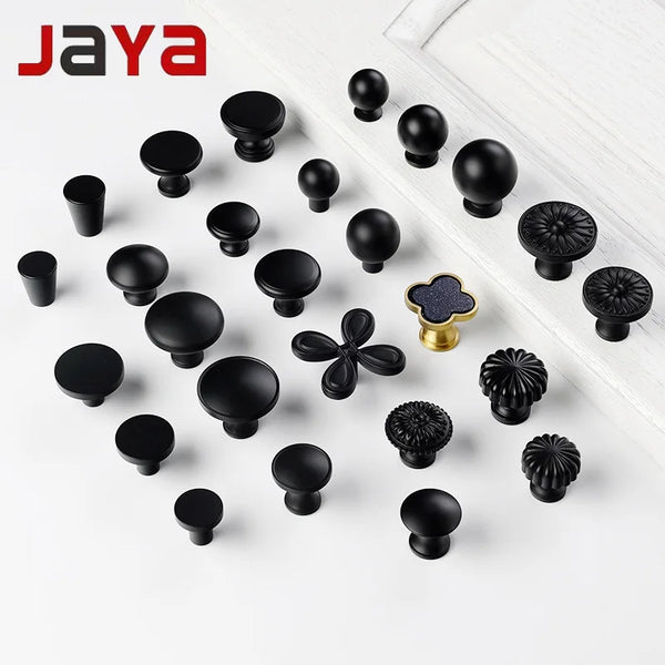 JAYA Modern Simple Black Brass Handle Cabinet Wardrobe Door Light Luxury New Single-Hole Hardware Handle Knobs