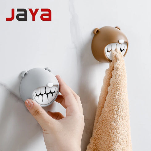JAYA Punch-Free Kitchen and Bathroom Wall Hanging Towel Rack with Bear Plastic Towel Hook