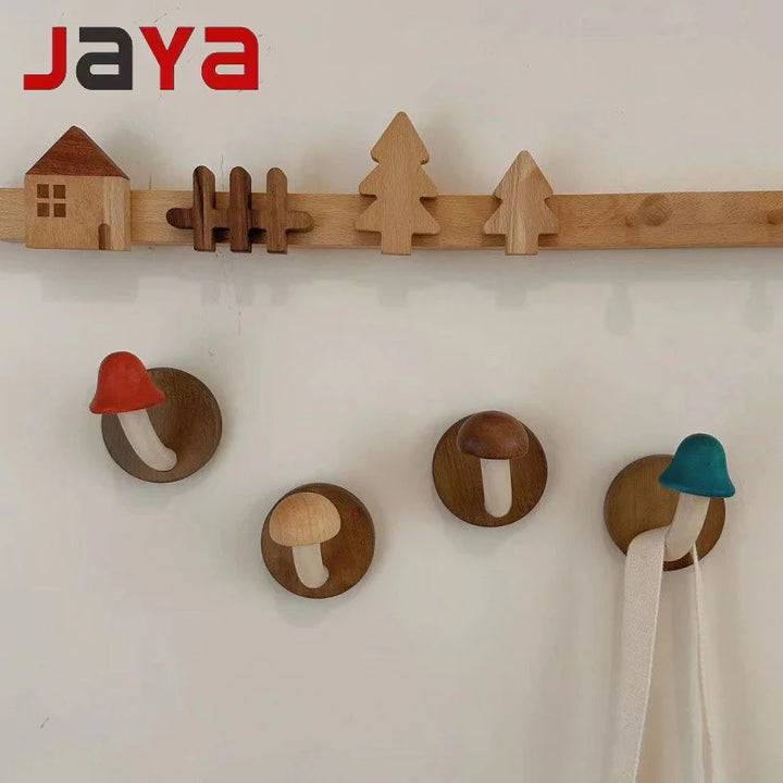 JAYA Vintage Non-punch Mushroom Sticky Wooden Hoo  Clothing Hook Door Rear Storage Hook