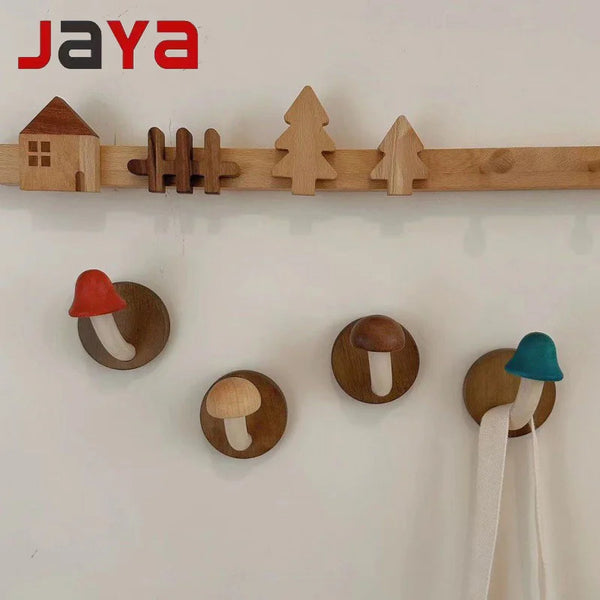 JAYA Vintage Non-punch Mushroom Sticky Wooden HooK  Clothing Hook Door Rear Storage Hook