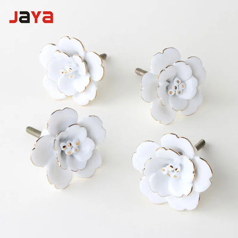 JAYA White Camellia Ceramic Handle Wall Wall Decoration Hand Painted Gold Wardrobe Kitchen Cabinet Furniture Cabinet Door Handle