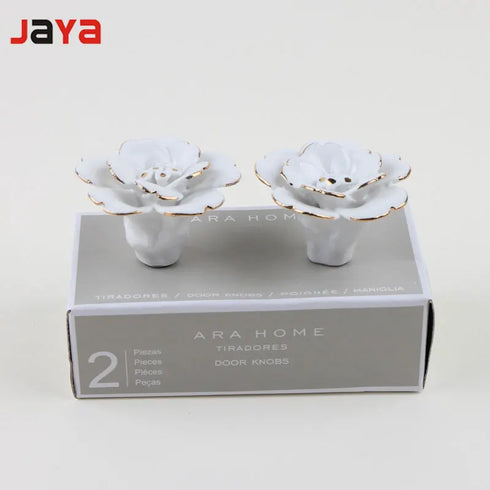 JAYA White Camellia Ceramic Handle Wall Wall Decoration Hand Painted Gold Wardrobe Kitchen Cabinet Furniture Cabinet Door Handle