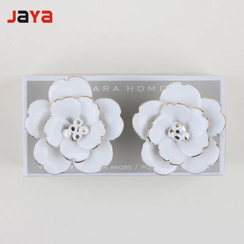 JAYA White Camellia Ceramic Handle Wall Wall Decoration Hand Painted Gold Wardrobe Kitchen Cabinet Furniture Cabinet Door Handle