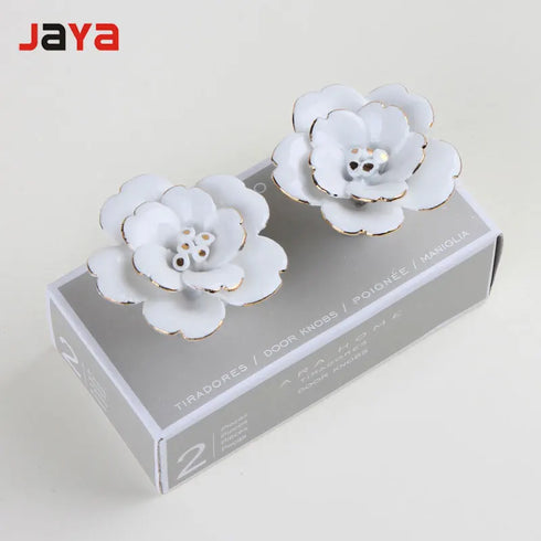 JAYA White Camellia Ceramic Handle Wall Wall Decoration Hand Painted Gold Wardrobe Kitchen Cabinet Furniture Cabinet Door Handle
