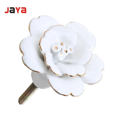 JAYA White Camellia Ceramic Handle Wall Wall Decoration Hand Painted Gold Wardrobe Kitchen Cabinet Furniture Cabinet Door Handle