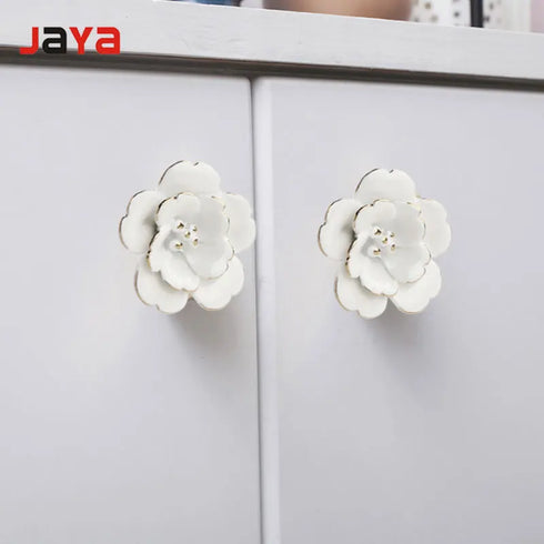 JAYA White Camellia Ceramic Handle Wall Wall Decoration Hand Painted Gold Wardrobe Kitchen Cabinet Furniture Cabinet Door Handle